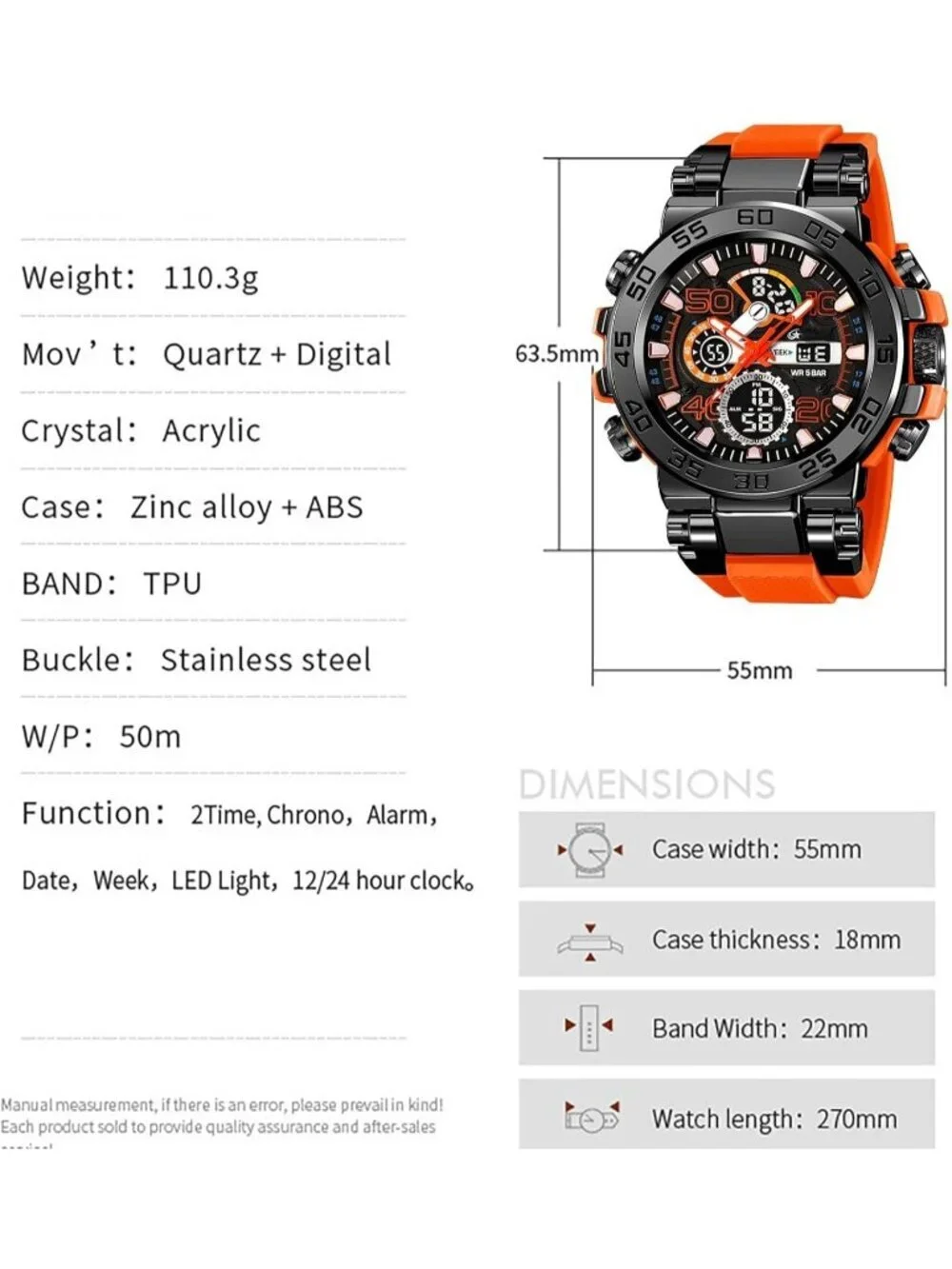 Men's Orange Analog Quartz Waterproof Sports Outdoor Military LED Digital Watch